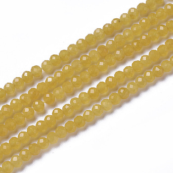 Natural Green Jade Beads Strands, Faceted, Rondelle, Gold, 3x2.5mm, Hole: 0.2mm, about 130~140pcs/strand, 15.5~16 inch(39~40cm)