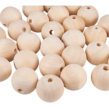Round Unfinished Wood Beads, Natural Wooden Loose Beads Spacer Beads, with Vacuum Package, Lead Free, Moccasin, 30x30mm, Hole: 6~7mm