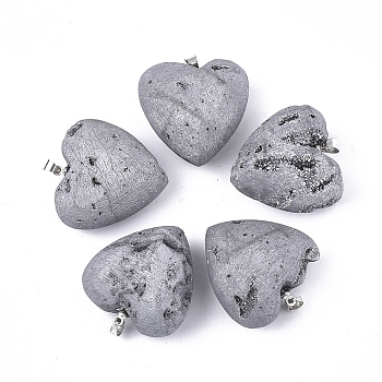 Electroplate Natural Druzy Geode Agate Pendants, with Brass Findings, Heart, Platinum, Light Grey, 30.5x30x14~15mm, Hole: 4.5x4mm