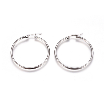 201 Stainless Steel Hoop Earrings, with 304 Stainless Steel Pin, Hypoallergenic Earrings, Ring Shape, Stainless Steel Color, 38mm, Pin: 0.7x1mm