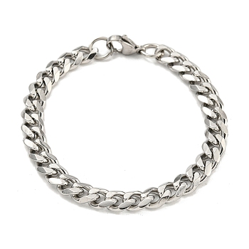 201 Stainless Steel Curb Chain Bracelets with Lobster Claw Clasps for Men, Stainless Steel Color, 7.28 inch(18.5cm)