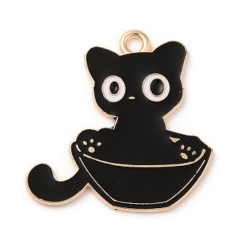 Alloy Enamel Pendants, Light Gold, Cat Charm, Black, 26x26x1mm, Hole: 2mm