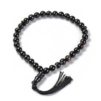 Natural Dyed & Heated Black Agate Beads Stretch Bracelets, with Tassels, 15-3/8 inch(39cm)