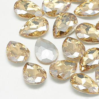 Pointed Back Glass Rhinestone Cabochons, Back Plated, Faceted, teardrop, Light Colorado Topaz, 18x13x5mm