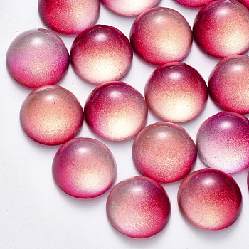 Transparent Spray Painted Glass Cabochons, with Glitter Powder, Half Round/Dome, Fuchsia, 18x9mm