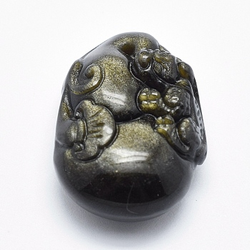Natural Golden Sheen Obsidian
Pendants, Carved Pi Xiu, 34.5x24x12.5mm, Hole: 2mm