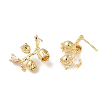 Brass with Clear Cubic Zirconia Stud Earring Findings, Flower, Real 14K Gold Plated, 19.5x15.5mm, Hole: 1.4mm, Pin: 0.5x14mm