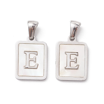 304 Stainless Steel Pave Shell Pendants, Rectangle Charm, Stainless Steel Color, Letter E, 17.5x12x1.5mm, Hole: 3x5mm