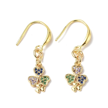 Colorful Cubic Zironia Clover Dangle Earrings, Rack Plating Brass Jewelry for Women, Golden, 32mm, Pin: 0.9mm