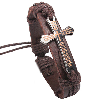 Adjustable Cross with Word Iron Braided Leather Cord Bracelets, (Font Random Single Color or Random Mixed Color), Brown, 60mm