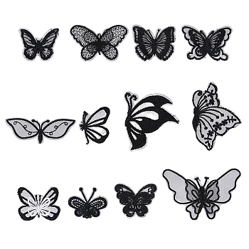 SUPERFINDINGS 40Pcs 12 Style Computerized Embroidery Organza Ornament Accessories, Sew on Patches, Butterfly, Black, 30~62x35~98mm