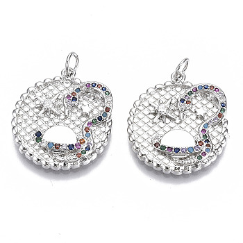 Brass Micro Pave Cubic Zirconia Pendants, with Jump Rings, Flat Round with Snake, Nickel Free, Colorful, Real Platinum Plated, 22x20x3mm, Jump Rings: 5x1mm, Inner Diameter: 3mm