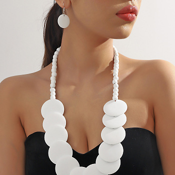 Bohemian Ethnic Style Wood Beaded Multilayer Necklaces & Dangle Earrings Sets, Flat Round, White, 750mm+50mm & 47x25mm