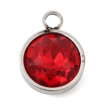 Birthstone Theme January 304 Stainless Steel Pendants, Flat Round Charm, with K9 Glass, Polished Finish, Faceted, Red, 16x12x7.3mm, Hole: 2.6mm(STAS-G082-17P-01)