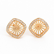 Brass Micro Pave Clear Cubic Zirconia Stud Earring Findings, for Half Drilled Bead, Nickel Free, Rhombus, Real 18K Gold Plated, 11x11mm, Pin: 0.7mm, Pin: 0.6mm(for half drilled bead)(KK-S356-247-NF)