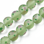 Handmade Frosted Lampwork Beads Strands, Round with Flower, Medium Sea Green, 11~12mm, Hole: 1.4mm, about 45pcs/strand, 19.69 inch(50cm)(LAMP-N021-39E)