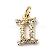 Brass Micro Pave Cubic Zirconia Charms, Constellation Charm, with Jump Rings, Real 18K Gold Plated, Gemini, 12x7.5x1.5mm, Hole: 3.4mm(ZIRC-F131-16G-11)