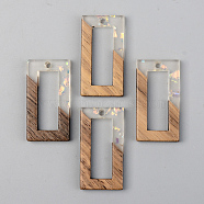 Transparent Resin & Walnut Wood Pendants, with Glitter Sequins/Paillette, Rectangle, Clear, 28x15x3mm, Hole: 2mm(X-RESI-S389-057B-E01)