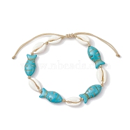 Natural Mixed Cowrie Shell with Synthetic Turquoise Beaded Anklets, Fish, Inner Diameter: 2-1/8~~3-7/8 inch(5.45~9.85cm)(AJEW-AN00596-01)