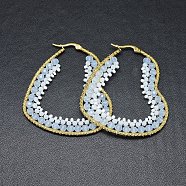 304 Stainless Steel Hoop Earrings, Beaded Hoop Earrings, with Glass Beads, Heart, Golden, Light Cyan, 57.5x50x4mm(EJEW-O090-A03)