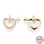 925 Sterling Silver Micro Pave Cubic Zirconia Charms, with S925 Stamp and Jump Ring, Heart with Arrow Charms, Nickel Free, Real 18K Gold Plated, 10x14x2mm, Hole: 2.2mm(STER-T004-62G)