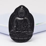 Natural Obsidian Large Cameo Pendants, Buddhist Jewelry Pendants, Buddha, 51~53x35.5~37.5x11~13mm, Hole: 2mm(G-K124-02H)