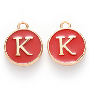 Golden Plated Alloy Enamel Charms, Cadmium Free & Lead Free, Enamelled Sequins, Flat Round, Red, Letter.K, 14x12x2mm, Hole: 1.5mm(ENAM-S118-03K)