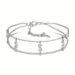 SHEGRACE 925 Sterling Silver Multi-Strand Bracelets, with Clear Grade AAA Cubic Zirconia, Dollar Sign Links, Lobster Claw Clasps and Ball Chains, Platinum, 6 inch(15cm)(JB681A)