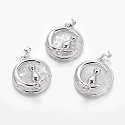 Natural Quartz Crystal Kitten Pendants, with Platinum Tone Brass Findings, Flat Round with Cat & Crescent Moon Shape, 32x28x9mm, Hole: 5x7mm(G-J386-B07)