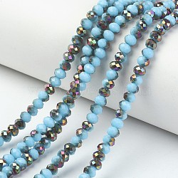 Electroplate Opaque Glass Beads Strands, Half Rose Gold Plated, Faceted, Rondelle, Cyan, 8x6mm, Hole: 1mm, about 65~68pcs/strand, 15.7~16.1 inch(40~41cm)(EGLA-A034-P8mm-R18)