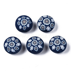 Handmade Polymer Clay Beads, for DIY Jewelry Crafts Supplies, Flat Round with Flower, Prussian Blue, 12x8.5mm, Hole: 1.6mm(CLAY-N008-026B)