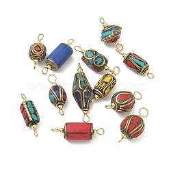 Handmade Brass Dyed Synthetic Coral and Turquoise Connector Charm, with 304 Stainless Steel Loops, Mixed Shapes, Mixed Color, Antique Golden, 19.5~24.5x7~12mm, Hole: 2~3.7mm(PALLOY-JF05618)