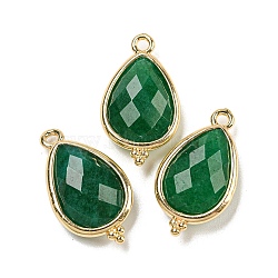 Dyed Natural Malaysia Jade Faceted Pendants, Rack Plating Golden Plated Brass Teardrop Charms, Green, 21x12x5mm, Hole: 1.6mm(G-M431-15G-07)