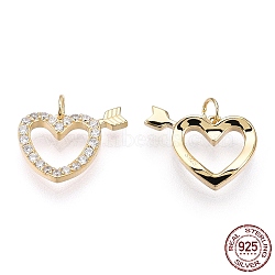 925 Sterling Silver Micro Pave Cubic Zirconia Charms, with S925 Stamp and Jump Ring, Heart with Arrow Charms, Nickel Free, Real 18K Gold Plated, 10x14x2mm, Hole: 2.2mm(STER-T004-62G)