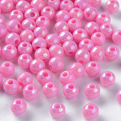 Opaque Acrylic Beads, AB Color Plated, Round, Hot Pink, 6x5mm, Hole: 1.8mm, about 440pcs/50g(X-MACR-S370-D6mm-A02)