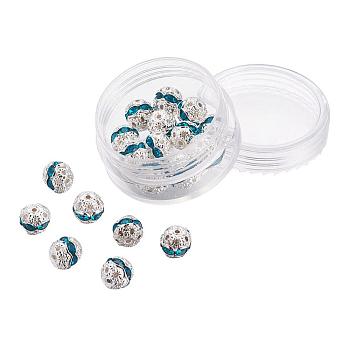 Brass Rhinestone Beads, Grade A, Silver Color Plated, Round, Blue Zircon, 8mm, Hole: 1mm, 20pcs/box