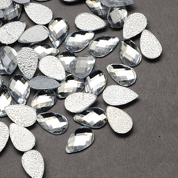 Transparent Faceted teardrop, Acrylic Hotfix Rhinestone Flat Back Cabochons for Garment Design, White, 14x10x3mm, about 1000pcs/bag