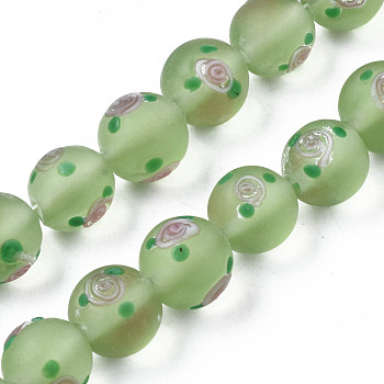 Handmade Frosted Lampwork Beads Strands, Round with Flower, Medium Sea Green, 11~12mm, Hole: 1.4mm, about 45pcs/strand, 19.69 inch(50cm)