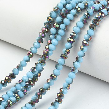 Electroplate Opaque Glass Beads Strands, Half Rose Gold Plated, Faceted, Rondelle, Cyan, 8x6mm, Hole: 1mm, about 65~68pcs/strand, 15.7~16.1 inch(40~41cm)