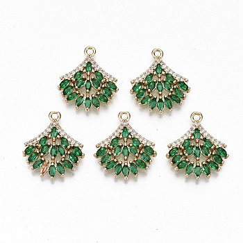 Brass Micro Pave Cubic Zirconia Pendants, Light Gold, Long-Lasting Plated, Cadmium Free & Lead Free, Fan, Green, 21x18x3mm, Hole: 1.6mm
