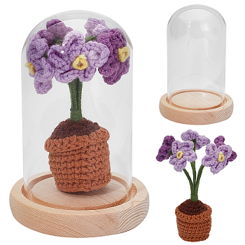WADORN 1 Set Glass Cloche Bell Jar Terrarium with 1Pc Handmade Knitting Crochet Artificial Myosotis Sylvatica Potted, for Home Table Car Decor, Lilac, 40x42.5x114mm