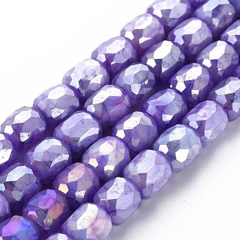Opaque Baking Painted Glass Beads Strands, Imitation Stones, Faceted, AB Color Plated, Column, Medium Purple, 8x8mm, Hole: 1.2mm, about 60pcs/strand, 19.69 inch(50cm)