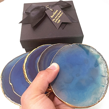 Dyed Natural Agate Slice Cup Mats, Heat Resistant Pot Mats, for Home Kitchen, Polygon, Steel Blue, 80~100mm