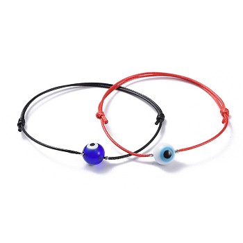 Adjustable Korean Waxed Polyester Cord Bracelet Sets, with Handmade Lampwork Evil Eye Round Beads and Brass Crimp Beads, Mixed Color, 2 inch~3-1/2 inch(5~9cm), 1~2mm, 2pcs/set