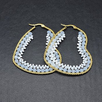304 Stainless Steel Hoop Earrings, Beaded Hoop Earrings, with Glass Beads, Heart, Golden, Light Cyan, 57.5x50x4mm