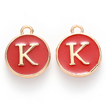 Golden Plated Alloy Enamel Charms, Cadmium Free & Lead Free, Enamelled Sequins, Flat Round, Red, Letter.K, 14x12x2mm, Hole: 1.5mm
