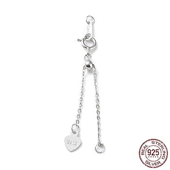 Rhodium Plated 925 Sterling Silver Chain Extenders, Slider Cable Chain with Heart Tag & Spring Clasp & S925 Stamp, Real Platinum Plated, 46~74mm