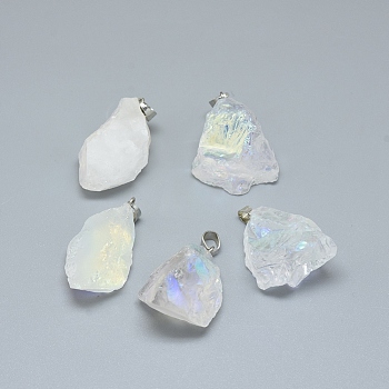 Electroplate Natural Crystal Pendants, with Platinum Tone Alloy Snap on Bails, AB Color Plated, Nuggets, 28~32x17~22x15~20mm, Hole: 5x4mm