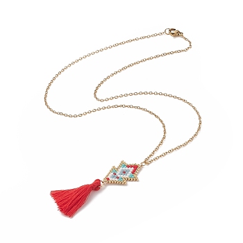 Glass Seed Braided Arrow with Tassel Pendant Necklace, Golden 304 Stainless Steel Jewelry for Women, Red, 17.64 inch(44.8cm)
