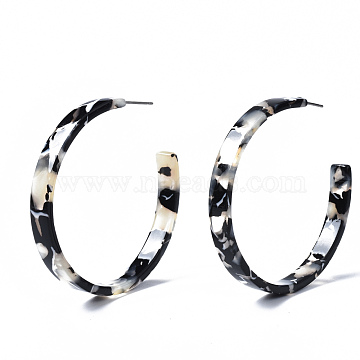 Cellulose Acetate(Resin) Half Hoop Earrings, with 304 Stainless Steel Pin, Round, Black, 50~54x6mm, Pin: 0.7mm(KY-S163-384A-01)
